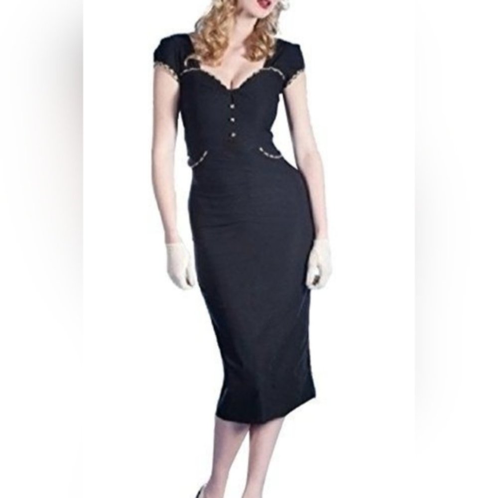 Stop Staring Black Midi Dress with Animal Print Trim